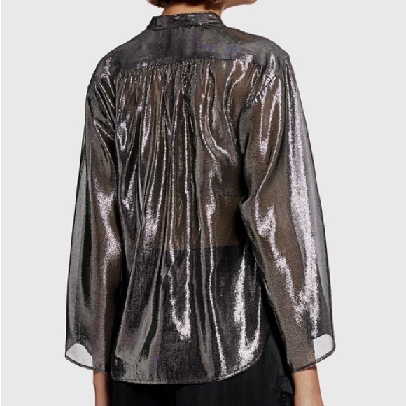 NWT - NILI LOTAN Sz Medium- Marlaina Silver Metallic Sheer Button Up Blouse - Picture 2 of 12